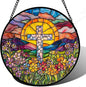 Stained Glass Window Hanging - Cross Flower Sea Sun Catcher for Door Terrace Garden Home Decor, Mountains Landscape Suncatcher Birthday Gifts for Lovers Women Men Dad Mom Nana 6.3 in