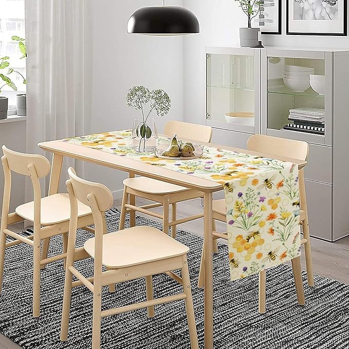 Summer Bee Table Runner, Seasonal Spring Wildflowers Bee Yellow Honeycombs Farmhouse Table Runner for Kitchen Dining Table Home Party Decor, 13x36inch