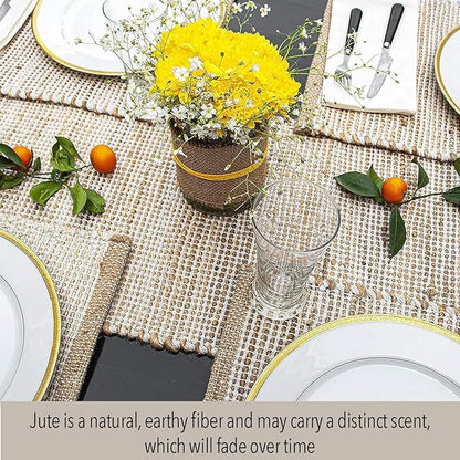 Chardin home Natural Jute Table Runner 13x90 Inch – Vintage Boho Rustic Table Decor – Handwoven Table Runner in Natural Jute and Ivory – Farmhouse Dining or Console Table Accent