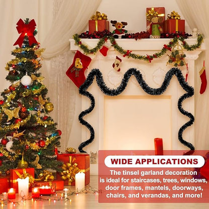 25 Feet Black Christmas Tinsel Garland, Metallic Foil Twist Banner Wall Hanging Tinsel Streamers Backdrop for Parade Floats, Christmas, Mother's Day, Birthday Party Decorations(4in x 25ft)