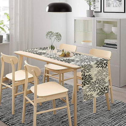 Gray Dahlia Flower Table Runner, Vintage Modern Linen Geometric Pattern Floral Table Runner Spring for Farmhouse Kitchen Dining Party Holiday Party, 13x70 Inch