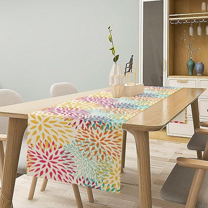 Abstract Flowers Table Runner, Chrysanthemum Dahlia Vintage Modern Colorful Spring Summer Elegant Table Runner for Party Kitchen Dining Living Room Laundry Room Decor, 13x90 Inch