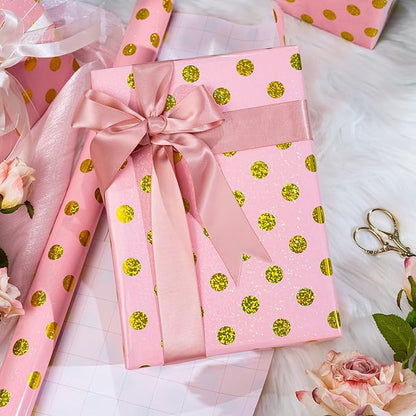 Burymento Pink Holographic Dots Wrapping Paper, Reversible Gold Gift Wrap for Birthday, Valentines, Mothers day, Graduation, Wedding, Fathers day, Baby Shower, Christmas (17in x 16.4ft)