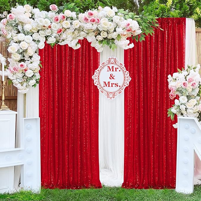 JYFLZQ Red Sequin Backdrop Curtains 10ft x 10ft 1 Panel Glitter Photo Booth Backdrops Sparkly Photography Background Drapes for Parties Wedding Bridal Showers…