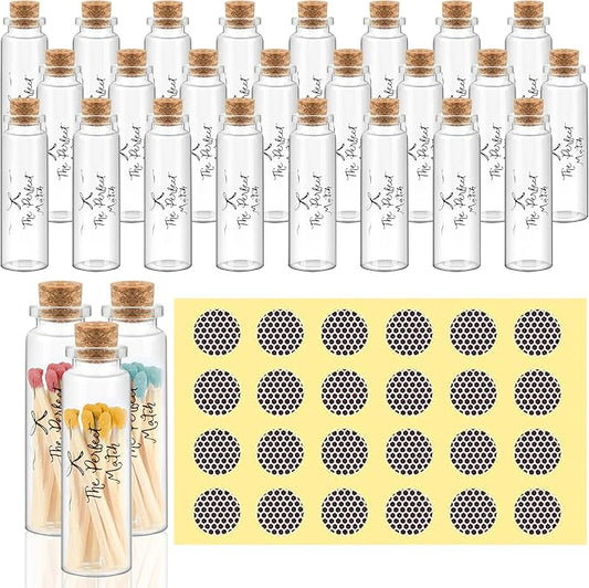 24 Matches Holders Empty Jars with 24 Striker Stickers, Empty Matches in A Jar with Striker DIY Wedding Favors, Candle Holder Containers & Bulk Storage| The Perfect Match Box (0.87x3.15 Inch) (24)