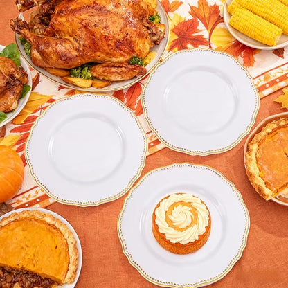 Hioasis 60pcs Gold Plastic Plates - White and Gold Disposable Dinnerware with Gold Rim, Heavy-duty, 10.25 inch, Dinner Plates for Party & Wedding