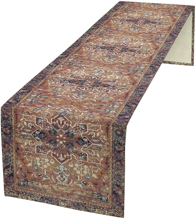 Boho Floral Vintage Table Runner, Purple Brown Retro Flower Rustic Country Farmhouse Abstract Pattern for Home Kitchen Table Decor Dining Coffee Room Party Decor 13x90in