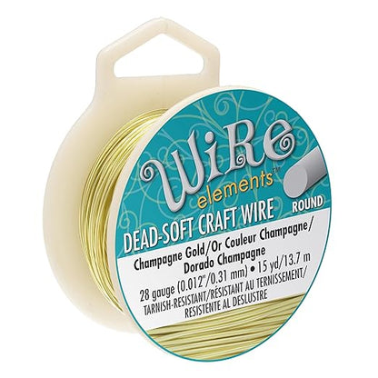 The Beadsmith Wire Elements Craft Wire – Tarnish Resistant, Soft Temper, Round, Champagne Gold Color – 0.32mm, 28 Gauge, 15 Yard Spool – Jewelry Making, Wire Wrapping, Floral, & Other DIY Crafts