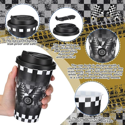 Yungyan 36 Sets Checkered Flag Party Favors Goodie Cups with Lids and Straws for Birthday Decorations Reusable 16oz Plastic Candy Cups Plastic Straws for Birthday Party (Checkered Flag)