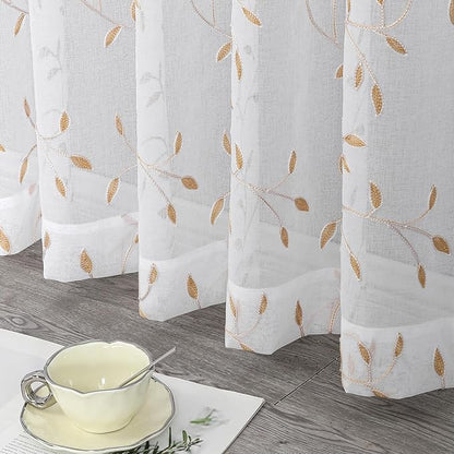 VISIONTEX White Sheer Voile Curtains, Decorative Orange Leaves Embroidery Faux Linen Rod Pocket Window Drapes for Home Kitchen, Living Room and Bedroom 54 x 63 Inch, Set of 2 Curtain Panels