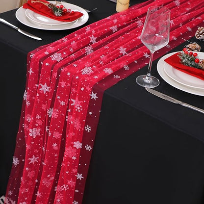 Snowkingdom Red Christmas Table Runner, Red and White Snowflakes Cheesecloth Table Runner, Chiffon Gauze Seasonal Winter Kitchen Dining Decorations for New Year Home Party Decor 120 Inch