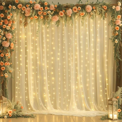 10ft x 10ft Champagne Sheer Tulle Backdrop Curtains with Lights String Wedding Backdrop for Reception Ceremony Birthday Party Baby Shower Photo Booth Background Decoration