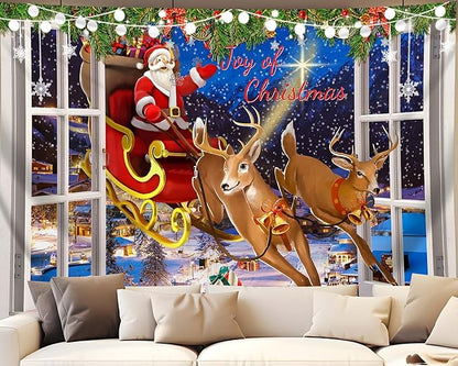 QGHOT Christmas Window Tapestry Wall Hanging Christmas Backdrop Xmas Winter Window Wall Decor Santa Claus Tapestries for Bedroom Living Room Dorm Holiday Party Decoration, Extra Large