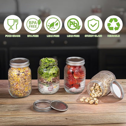 WELLIFE Mason Jars 32 oz, 4 Pack Quart Mason Jars Wide Mouth for Pickling, Canning, Fermenting and Food Storage, Microwave & Dishwasher Safe