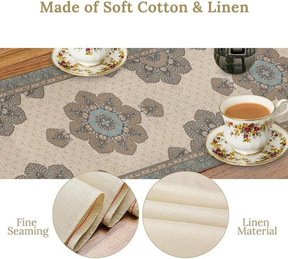 Boho Bohemia Style Table Runner, Vintage Teal Brown Retro Flower Rustic Country Style Floral Print Pattern for Home Kitchen Table Decor Dining Coffee Room Garden Party Decor 13x60in