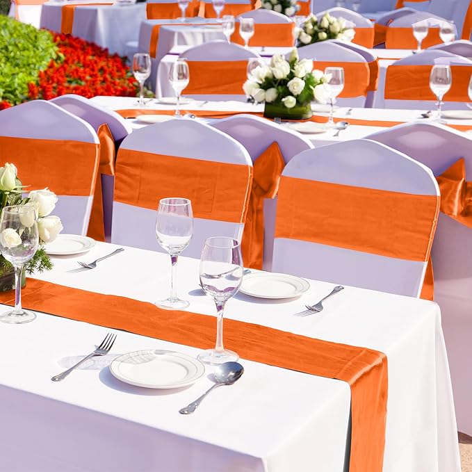 Aneco 12 Pack Satin Table Runner 12 x 108 Inch Orange Long Wedding Satin Silk Table Runner for Wedding Banquet Graduations Birthday Party Decoration