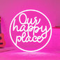 "Our happy place" Neon Sign Happy Place Neon Light for Wall Decor Letter Neon Signs Pink LED Neon Sign Round LED Neon Light for Bedroom Bar Party Birthday Club Decor
