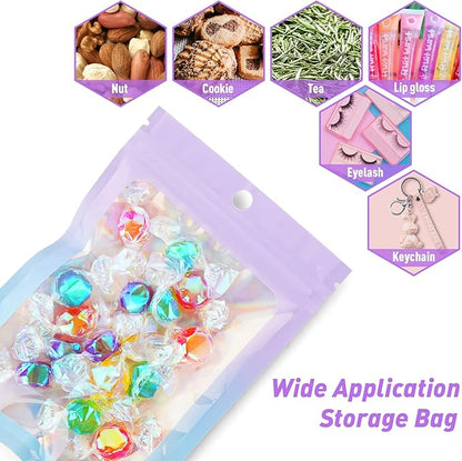 Funfery 100 Pack Gradient Holographic Bags,Mylar Resealable Bags with Zipper,Clear Window Packaging Pouch,Smell Proof Bag for Food Storage,Sample Jewelry Baggies(3.5×4.7in,Purple Blue)