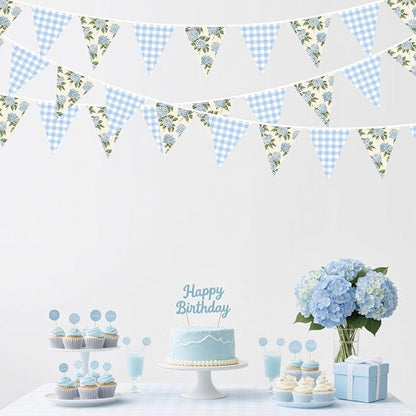 32Ft Blue Flora Party Decorations Blue Gingham HydrangeaTriangle Flag Fabric Banner Pennant Garland Streamer for Flora Birthday Vintage Flower Baby Shower Wedding Tea Party Garden Decor Supplies