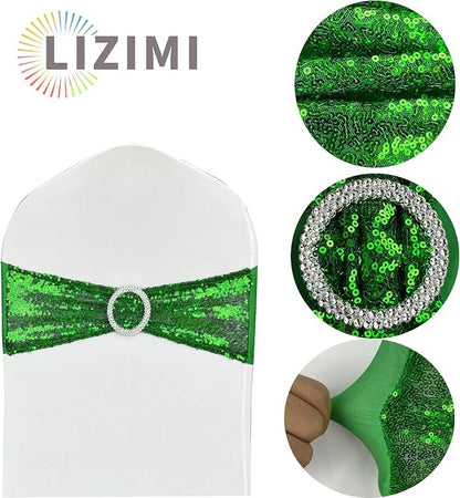 50 Pcs Chair Sashes Sequin Stretch Chair Bands Spandex Polyester Bows for Party Hotel Wedding Banquets Decoration - Green