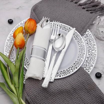 Supernal 60 Pack Pre-Rolled Silver Plastic Cutlery Heavy Duty Wrapped Silverware Disposable Premium Silver Plastic Silverware Forks and Spoons for Halloween Thanksgiving Christmas