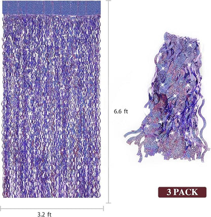 Purple Foil Fringe Curtains Party Decorations - CYLMFC 3 Pack 3.3 ft x 6.6 ft Foil Party Curtain for Hallowee Christmas Graduation Decor
