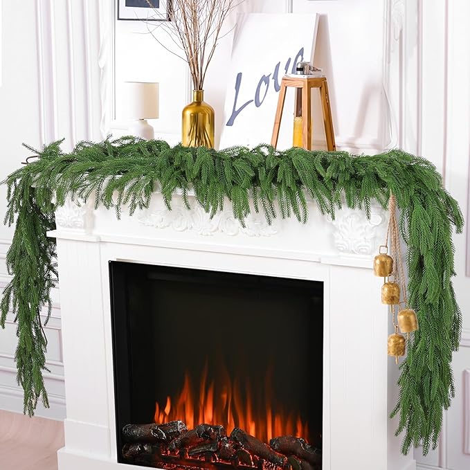 Hananona 4 Pcs 9 Ft Artificial Norfolk Pine Garlands, Real Touch Winter Pine Garland, Green Artificial Greenery Garland for Table, Mantle, Wall, Indoor, Outdoor Christmas Decorations (4, 9 Ft)