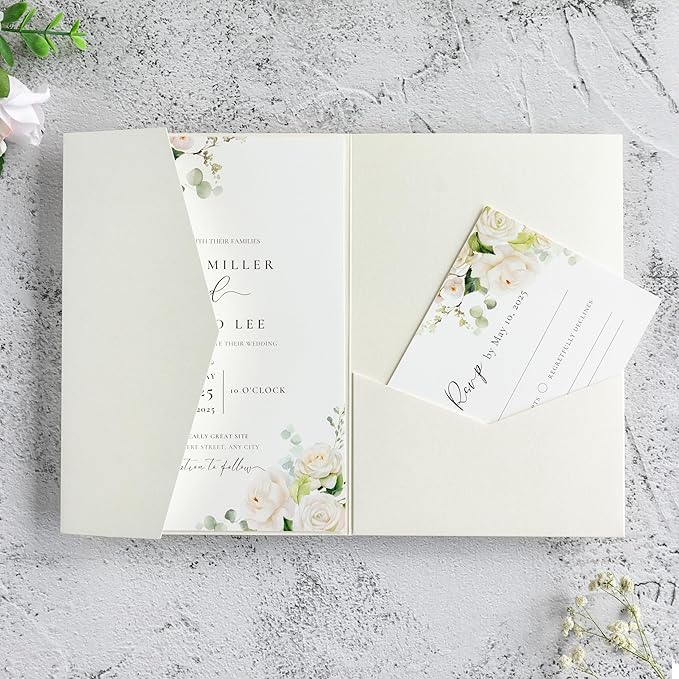 20 PCS Ivory Tri-fold Laser Cut Wedding Invitation Pockets for 5x7 Wedding Cards Bridal Shower Engagement Quinceanera Invitation