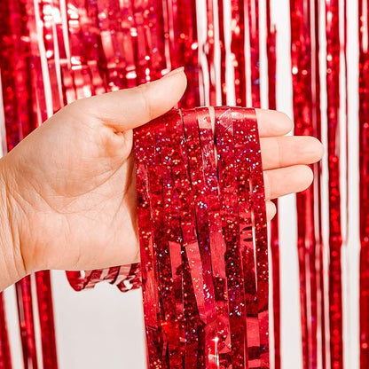 GREATRIL Red Fringe Curtains Party Streamers Backdrop Foil Tinsel Curtain Decoration for Stranger Theme Party Christmas Valentines Day Party 2 Pack
