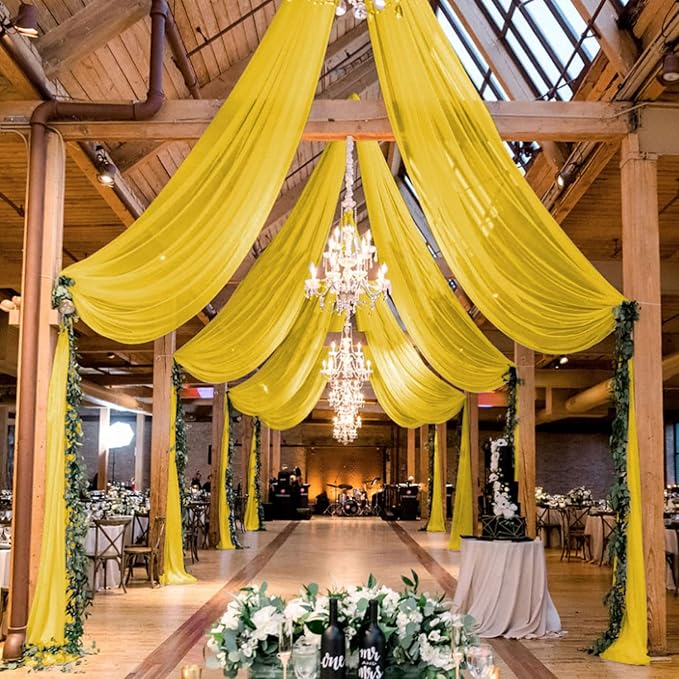 MODFUNS Gold Ceiling Draping Fabric Sheer Ceiling Drapes for Weddings 5x20ft 6 Panels Chiffon Arch Drapery Tent Ceiling Drape Vintage Tulle Curtain Backdrop for Ceremony Party Event Supplies