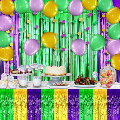 6 Pack 29x108 Inch Mardi Gras Metallic Foil Fringe Tinsel Table Skirts for Rectangle Tables Streamer Backdrop for Wedding, Birthday, Parade Floats, Carnival Party Decoration Gold Green Purple