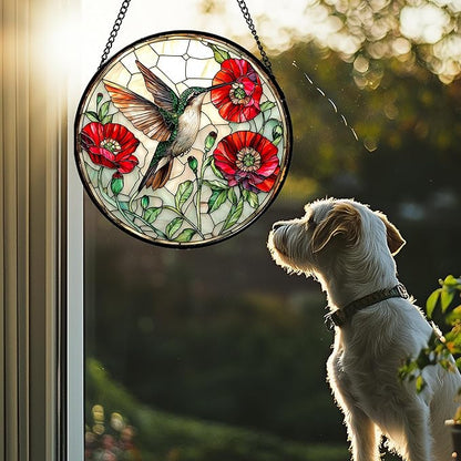 Stained Glass Window Hanging - Green Hummingbird Red Flower Suncatcher for Door Terrace Garden Home Decor Bird Landscape Sun Catcher Birthday Gifts for Lovers Women Men Dad Mom Nana 15 in