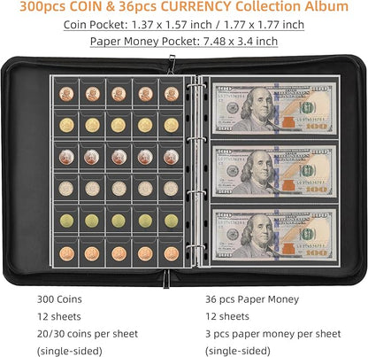 Fireproof Coin Collection Album for Collectors, 300 Pockets Coins Collecting Album & 36 Sleeves Money Storage Case for Coin Currency Collection Supplies, Bill, Pennies, Quarters, Stamp,F65C001B