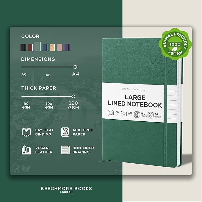 BEECHMORE BOOKS Lined Journal Notebook, 8.5 x 11.5 inch, A4 160 Lined Pages, Hardcover Leather Journals for Women, Men, Writing and Notebooks for Work - 120 GSM Thick Paper, Gifts Box Included