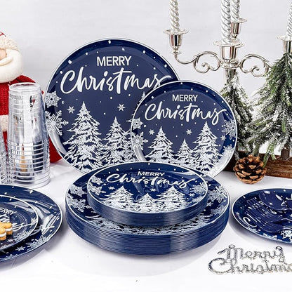 Supernal 150pcs Christmas Dinnerware Set - Blue and White Plates With Trees Design, Blue Silverware, Santa and Moose Silver Cups for New Year
