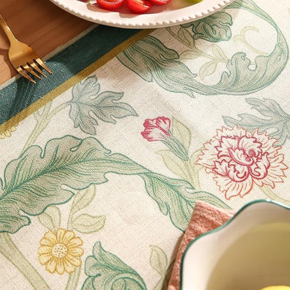 patdrea Designer Green Floral Table Runner,French Elegant Vibrant Rustic Linen with Green Leaves Patterns Fabric Table Mat,Decoration for Kitchen Dining Room Banquet Christmas,12"*102"