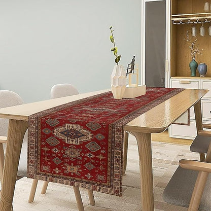 Boho Floral Vintage Table Runner, Retro Red Brown Flower Rustic Country Farmhouse Abstract Pattern for Home Kitchen Table Decor Dining Coffee Room Party Decor 13x108in
