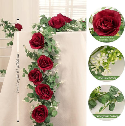 Dolicer 4Pcs 26Ft Artificial Eucalyptus Garlands with Flowers - 8 Roses, Faux Floral Greenery Garlands Fake Flowers Vines for Wedding Table Centerpieces Arch Party Ceremony Backdrop Decor (Red)