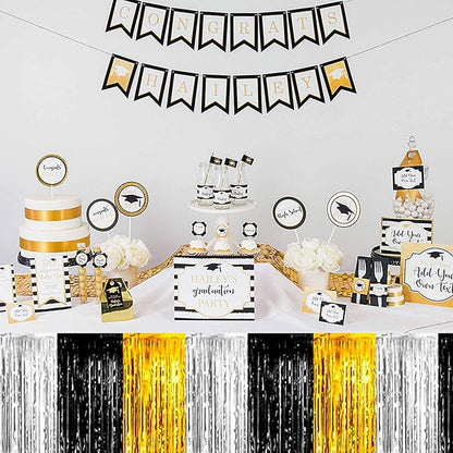 3 Pack 29 x108 Inch Black Gold Silver Foil Fringe Table Skirts Metallic Banner for Tinsel Streamer Garland Backdrop for Parade Floats Mother's Day, Graduate, Birthday, Wedding Party Decoration