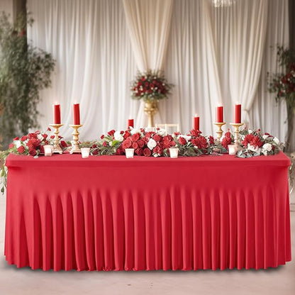 Wish Care 6 Pack Red Spandex Table Clothes for 6 Foot Rectangle Tables, 6FT Wrinkle Free Fitted Tablecloths Ruffles Design Table Cover for Party, Banquet, Wedding and Events
