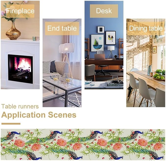 Peacock Table Runner,Seasonal Flower Plants Peacock Birds Table Runner for Home Kitchen Dining Party Indoor Outdoor Decoration 13x70 Inch