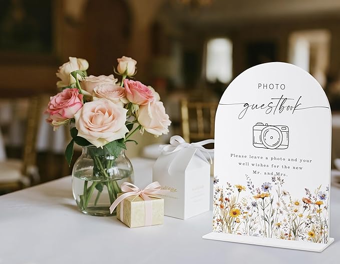 Wedding Signs for Ceremony and Reception, Boho Floral Acrylic Photo Guestbook Sign, Wedding Signage with Stand, Bridal Shower Table Centerpieces, Supplies for Engagement Reception Event Party, 27