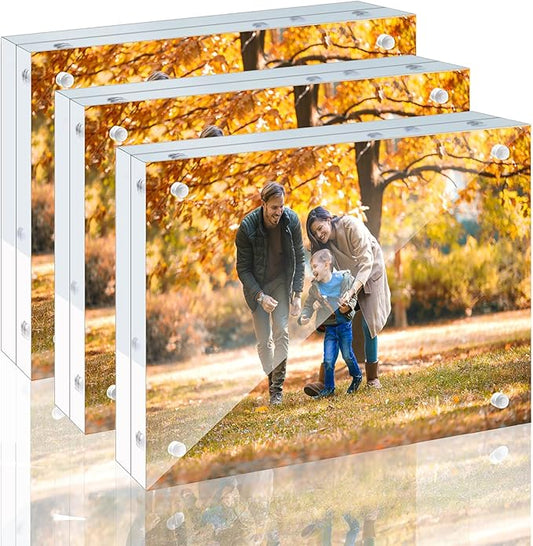 3 Pack 4x6 Acrylic Picture Frames - 20% Thicker Double Sided Magnetic Frame with UV Protection - Freestanding Clear Frameless Display for Tabletops - Modern Photo Frame Set for Home & Office Decor