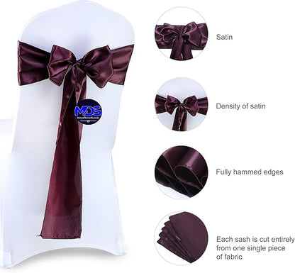 MDS Pack of 125 PCS Satin Chair Sashes Charmeuse Sateen Dining Chair Bows Ribbon Ties Back Sash for Wedding Party Birthday Home Hotel Restaurant Banquet Decoration (7 x 108 Inch, Plum)