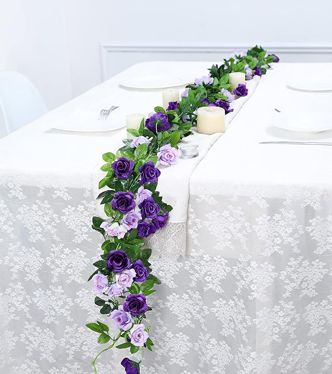 Floweroyal 2 Pack Artificial Flower Garlands 15.8FT Fake Rose Vines Silk Flowers Hanging Rose Ivy for Wedding Arch Party Home Garden Wall Decor (Purple)