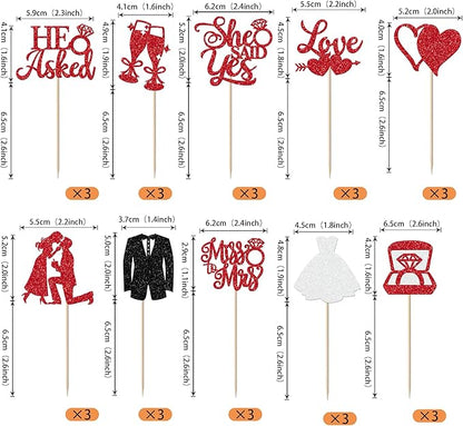 30 Pack Bride to be Cupcake Toppers Glitter Diamond Ring Love I Do Cupcake Picks Miss to Mrs He Asked She Said Yes Bridal Shower Wedding Engagement Bachelorette Cake Decorations Party Red