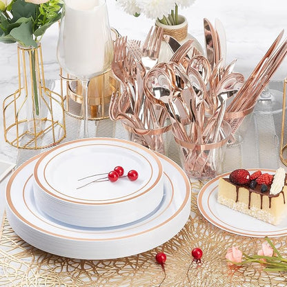 600PCS Rose Gold Plastic Plate Set (100 Guests), Plastic Plates for Party Wedding Birthday, Disposable Dinnerware Set of 200 Plates, 200 Forks, 100 Spoons, 100 Knives for Christmas