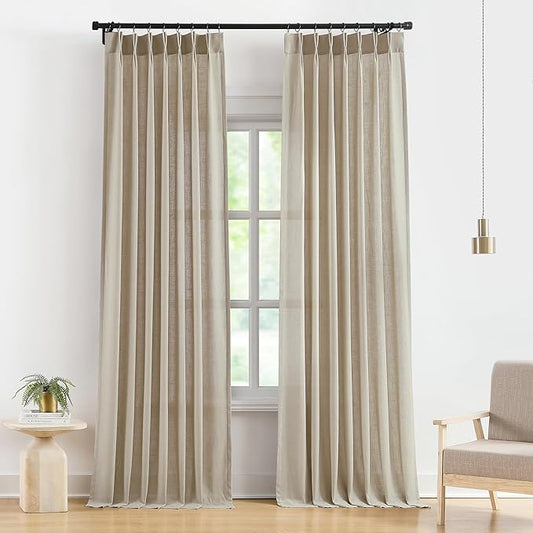 Vision Home Sand Pinch Pleated Semi Sheer Curtains Textured Linen Blended Light Filtering Window Curtains 108 inch for Living Room Bedroom Pinch Pleat Drapes with Hooks 2 Panels 9ft 40" Wx108 L