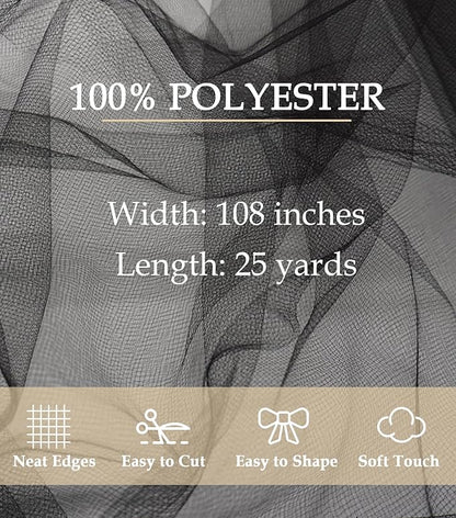 Black Tulle Fabric 108" x 25 Yards Tulle Bolt for Wedding Decoration DIY Tutu Halloween Party Backdrop Baby Shower Table Skirts Gift Wrapping