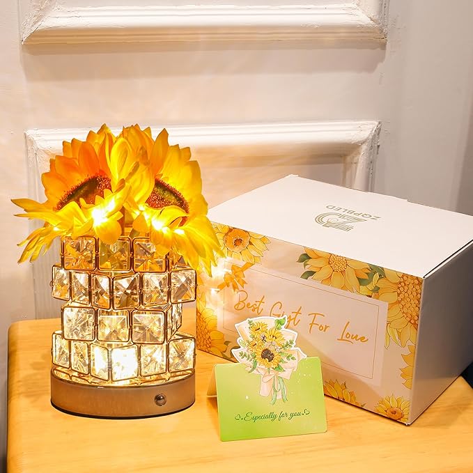 Birthday Gifts for Women/Mom Sunflower Cordless Table Lamp,3 Color Crystal Lamps Touch Bedside Lamps Infinitely Dimming with USB Charge Small Night Light,Nightstand Lamp for Bedroom (Square)